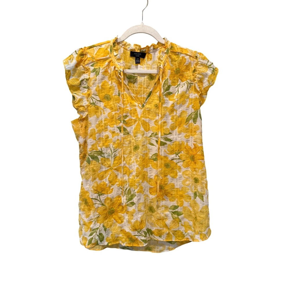 Haver London Yellow Floral Seersucker Blouse Medium Cottagecore Vibrant Summer